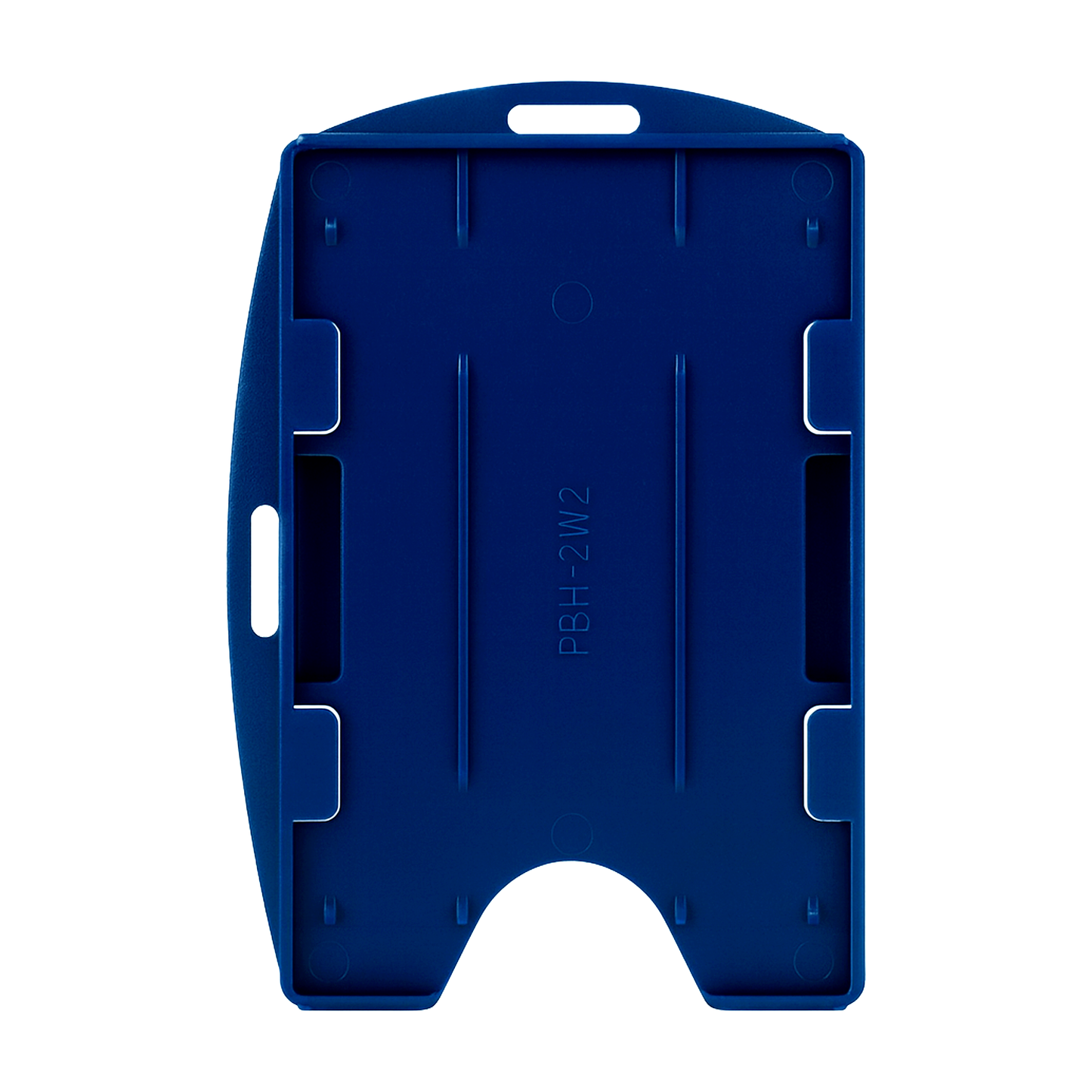 A Two Card Holder - Rigid Open-Faced (P/N AH-150) with two visible slots for holding cards and a notch at the bottom. Dark blue 2-sided bage holder with top and side slot hole to wear horizontally or vertically.