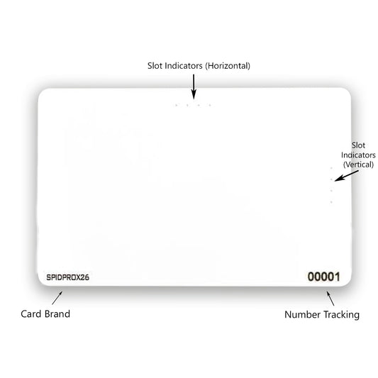 A white card with horizontal and vertical slot indicators, branded "SPIDprox HID Compatible ISO Prox Cards," featuring number tracking showing "00001" and compatible with HID access control systems.