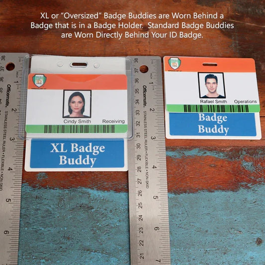 Two ID badges are displayed with rulers showing dimensions. One is an XL Custom Printed Badge Buddy labeled "Receiving" for Cindy Smith, and the Fully Customizable Badge Buddy Horizontal - (Standard Size) is labeled "Operations" for Rafael Smith from Specialist ID.