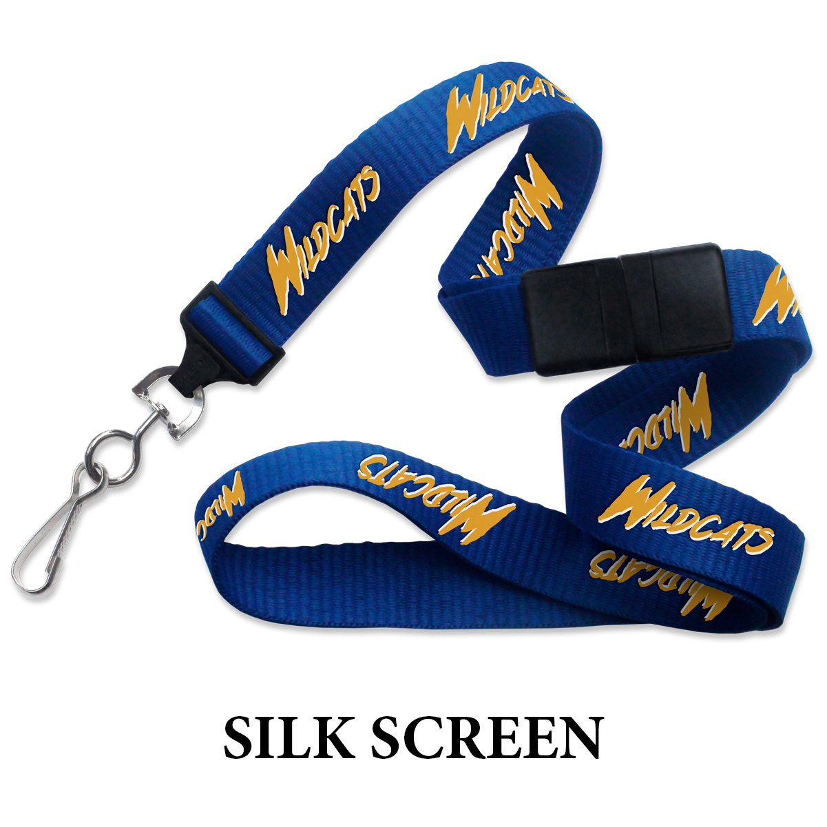 Custom Printed Lanyards Online Designer - Personalized Lanyards for Company, Conference, and VIP Events with "Wildcats" printed in yellow repeatedly along the strap, featuring a metal clip hook and a black plastic buckle. Text below reads "SILK SCREEN PRINTING." Quantity discounts available for bulk lanyards.