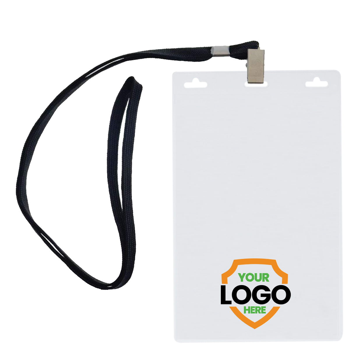 A blank white ID badge with a black lanyard attached, perfect for brand awareness. The bottom of the badge features a shield graphic with the text "YOUR LOGO HERE." Ideal for use with Custom Vertical Oversized 4X6 Vinyl ID Badge Holder (XL46V) - Add Your Logo.