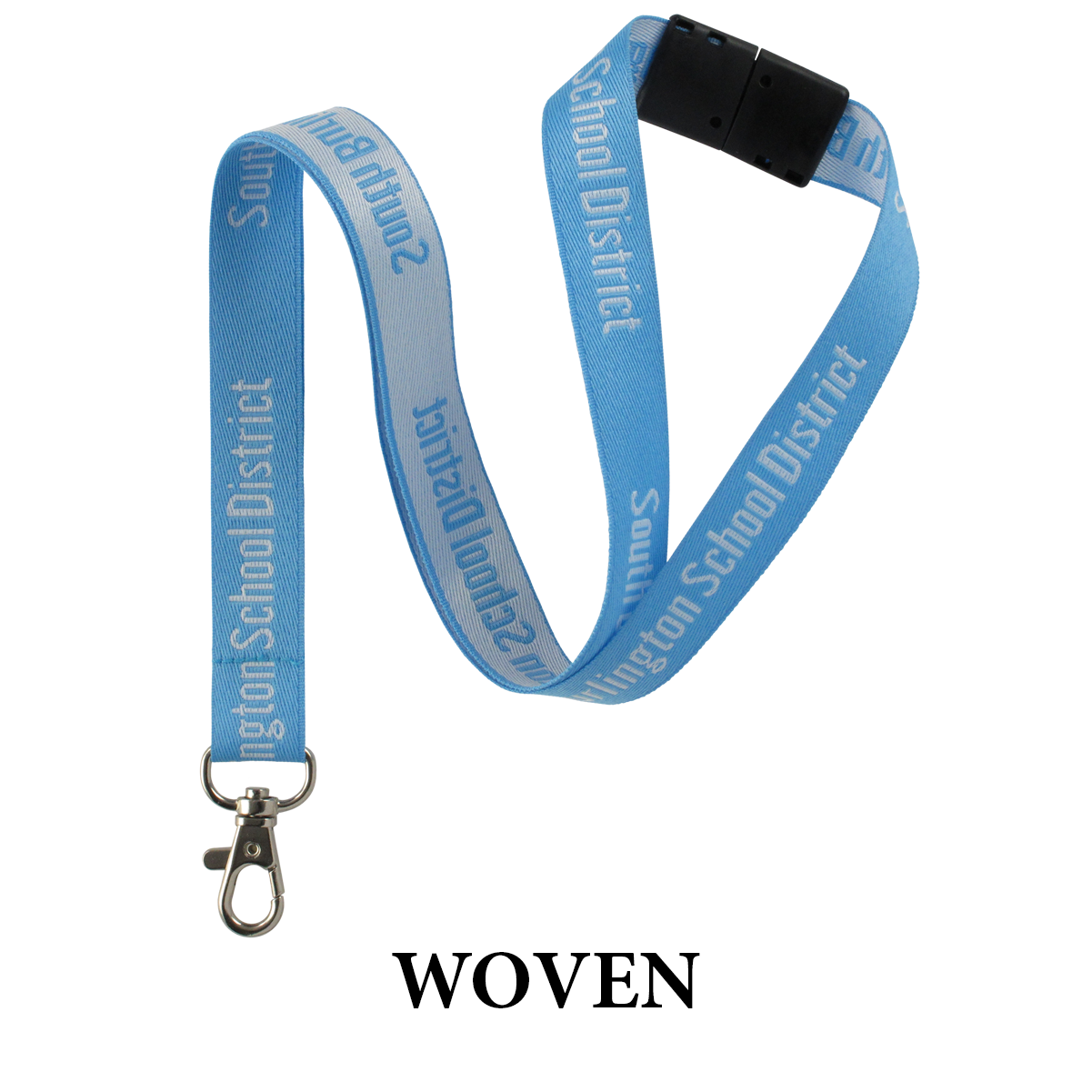 A blue woven lanyard with "School District" text in white, featuring a black plastic buckle and a metal clasp. Perfect for large orders, take advantage of quantity discounts on Custom Printed Lanyards Online Designer - Personalized Lanyards for Company, Conference, and VIP Events.