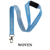 A blue woven lanyard with 