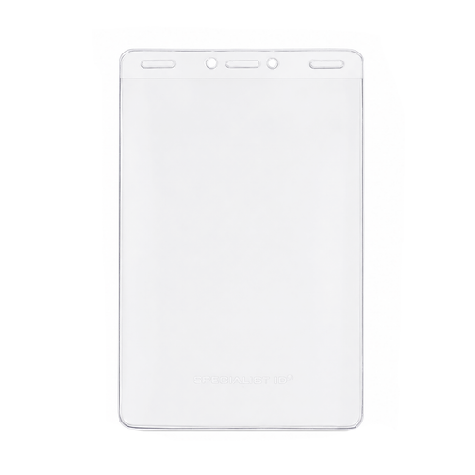 Vertical 4x6 Oversized Vinyl Badge Holder (XL46V) made of clear plastic, featuring three top holes for attaching a lanyard or clip, displayed against a plain white background.