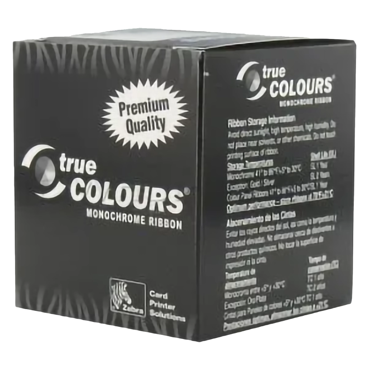 A box of True Colours monochrome ribbon featuring product details and branding, labeled as "Premium Quality," and specifically designed for Zebra card printer solutions. This black resin ribbon, known as Zebra 800015-460 Black (KrO) Ribbon - 500 Prints, ensures exceptional performance for all your printing needs.