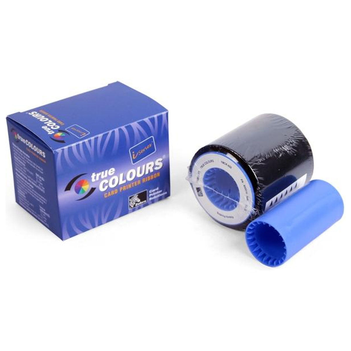 A blue box labeled "True Colours" and a partially unwrapped cylindrical black and blue Zebra 800015-547 YMC Half Panel/Full Panel KO Ribbon - 450 Prints for high-quality card production with a P330i card printer are shown.