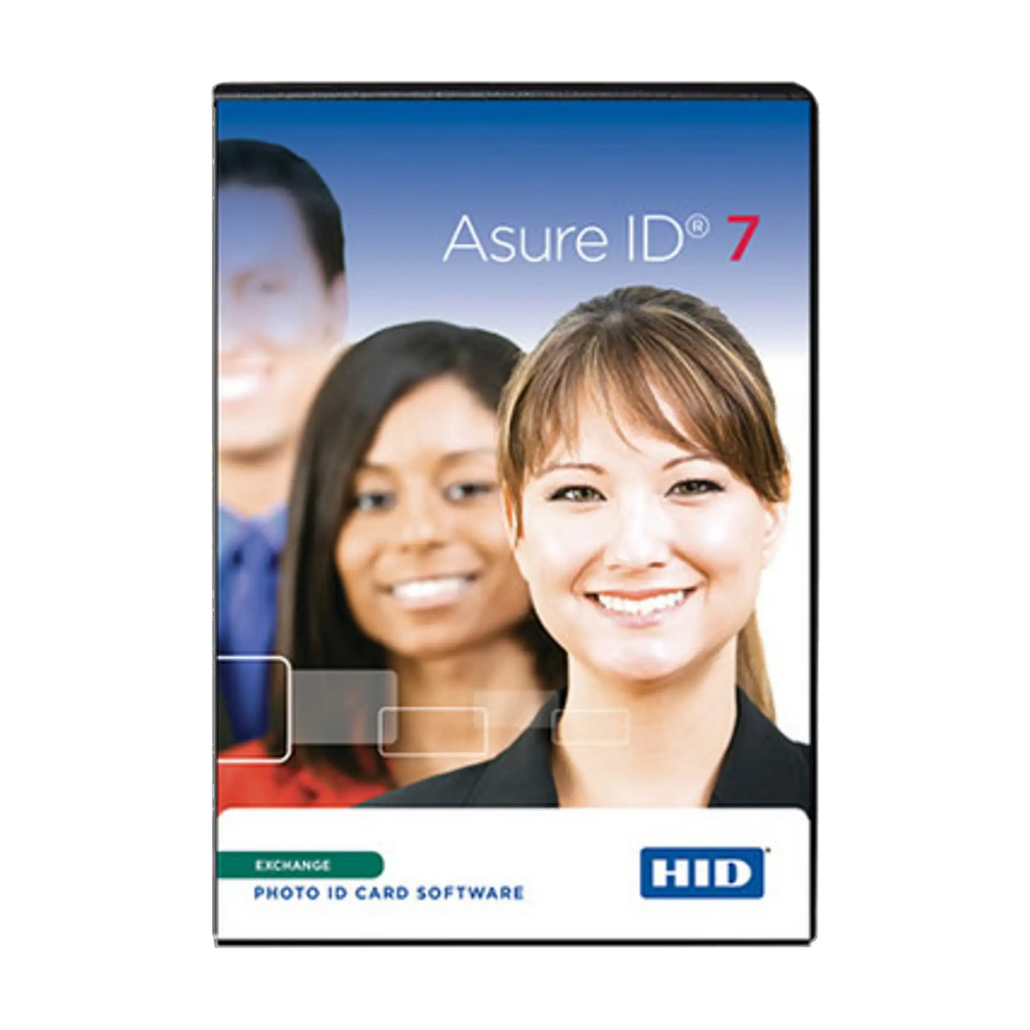 Cover of the Asure ID Exchange 7 ID Card Software (86414) by HID, featuring images of smiling people and the text "Exchange" at the bottom left, emphasizing its smart card functionality.