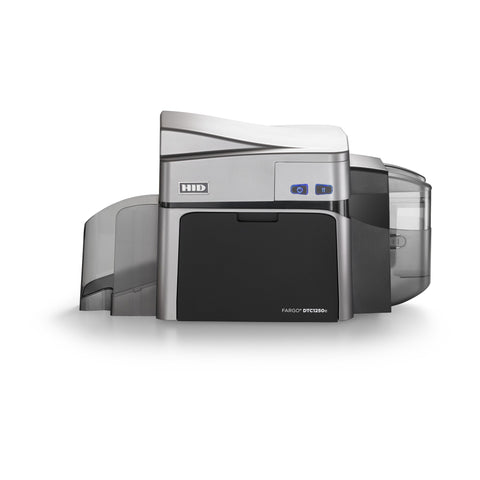 The HID FARGO DTC1250e Single-Sided ID Card Printer is a compact silver and black direct-to-card printer with visible buttons and card input/output trays.