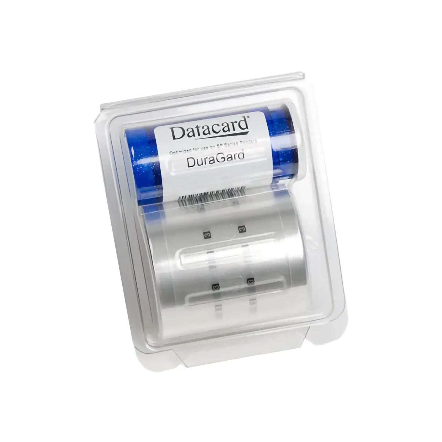 Plastic packaging containing a roll of Entrust Datacard 508785-501 DuraGard Clear Overlaminate - 300 Prints, 1.0 mil, compatible with CD810 ID card printers, for card printing.