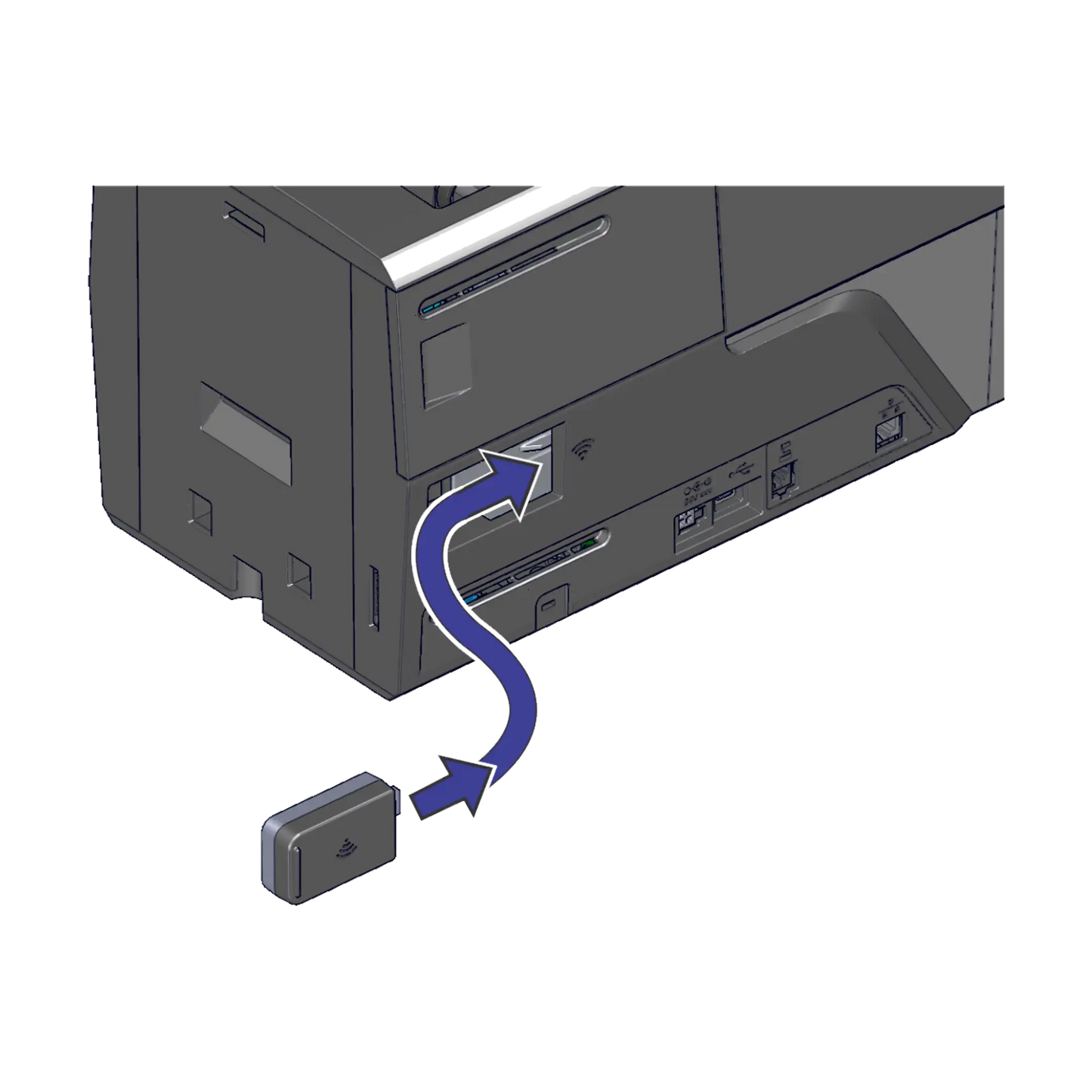 Illustration of a small panel being removed from the back of a Sigma ID card printer to install the Wi-Fi Upgrade Kit for Sigma ID Card Printers (Product Number: 529805-001), guided by blue arrows indicating the motion.