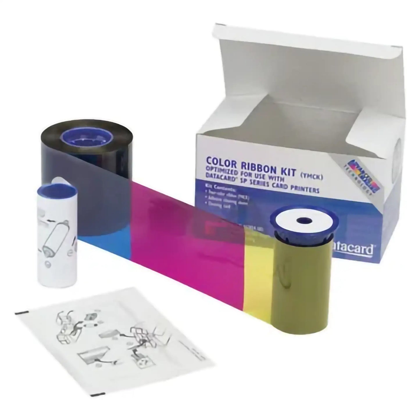 A color ribbon kit for Datacard SP75 printers, including an Entrust Datacard 534000-011 YMCKFKT Ribbon Kit - 300 Prints and a cleaning roller, is displayed with an opened cardboard box and an instruction sheet.
