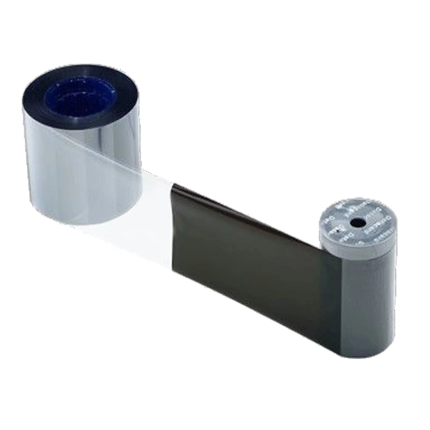 A transparent plastic film extending between two cylindrical spools, with one spool larger and darker than the other, resembling an authentic Entrust Datacard 534000-005 KT Black Monochrome Topcoat Ribbon & Cleaning Kit - 1000 Prints used in Entrust ID card printers.