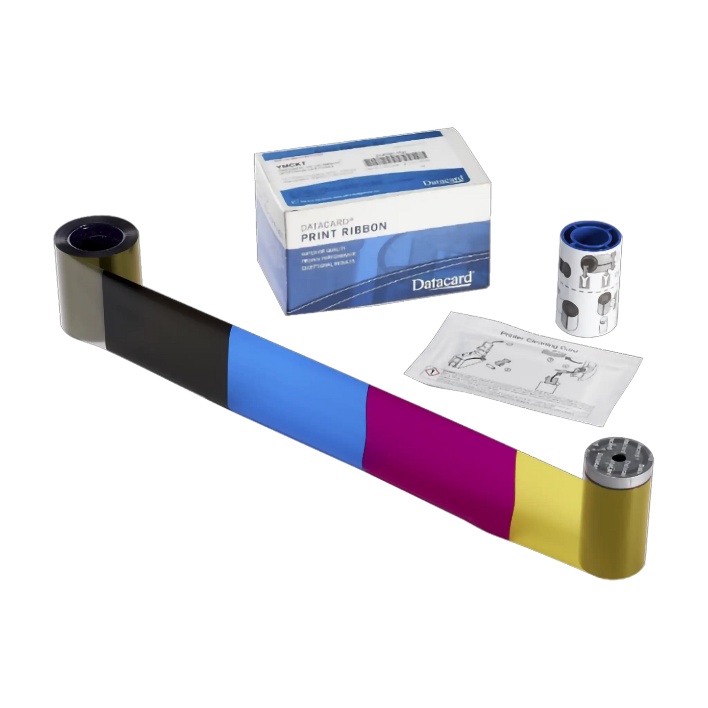 Image of a Datacard print ribbon kit, including an Entrust Datacard 534100-003 YMCKFT Ribbon - 300 Prints, Compatible with SD160, SD260, SD360, SD460 ID Card Printers for ID card printers, a cleaning roller, an instruction manual, and a box labeled "Datacard PRINT RIBBON." The kit ensures top-quality prints with authentic Entrust printer ribbons.