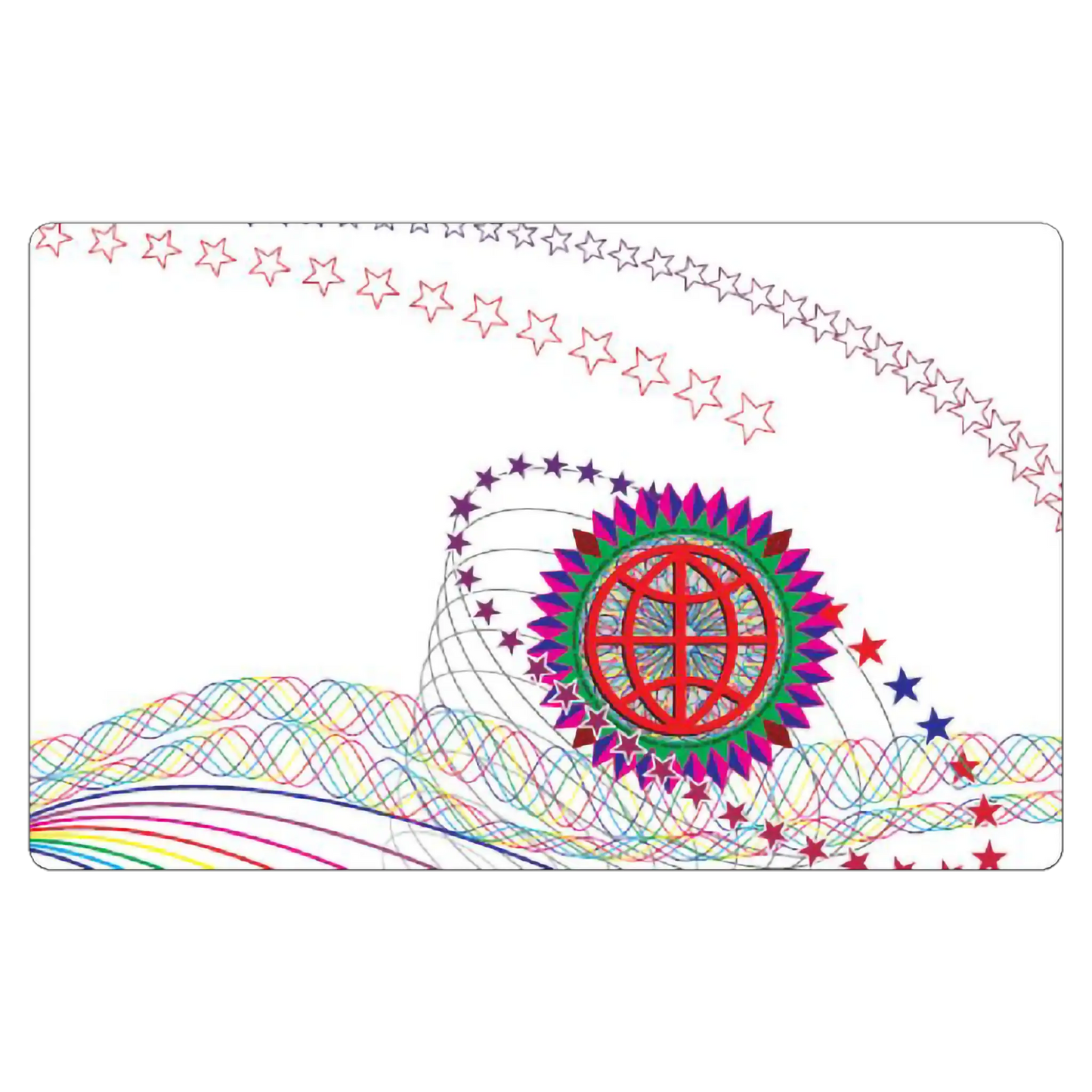 Abstract image featuring colorful, interwoven wave patterns, a circular design with a red grid and starburst center, and an arc of red stars. The unique aesthetics resemble Entrust 504935-006 Holographic DuraGard Overlaminate - 350 Prints, 0.6 mil often used in ID card printers to create secure and vibrant overlays.