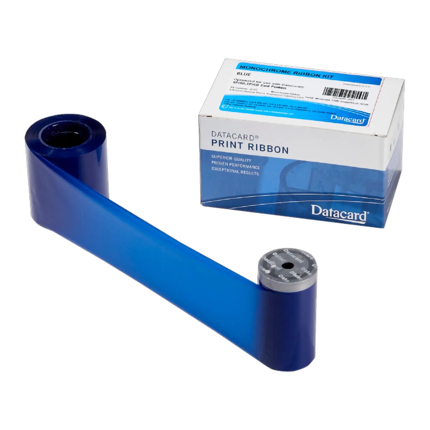 A Datacard 532000-003 Dark Blue Monochrome Ribbon & Cleaning Kit is unrolled next to its packaging box labeled "Monochrome Ribbon Kit, Blue" and "Datacard Print Ribbon". Perfect for your ID card printer needs.