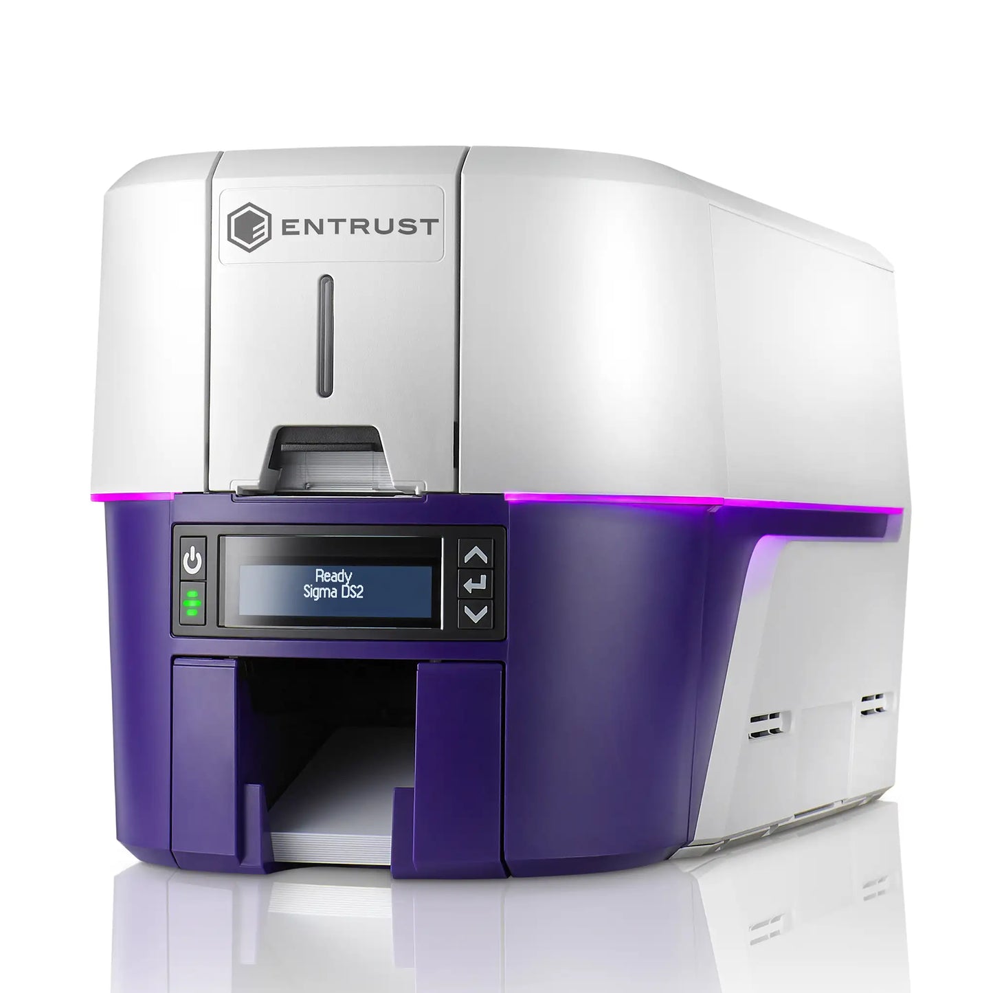 A white and purple Entrust Sigma DS2 Dual Sided ID Card Printer showing a screen reading "Ready Sigma DS2" with several buttons and an input slot on the front.