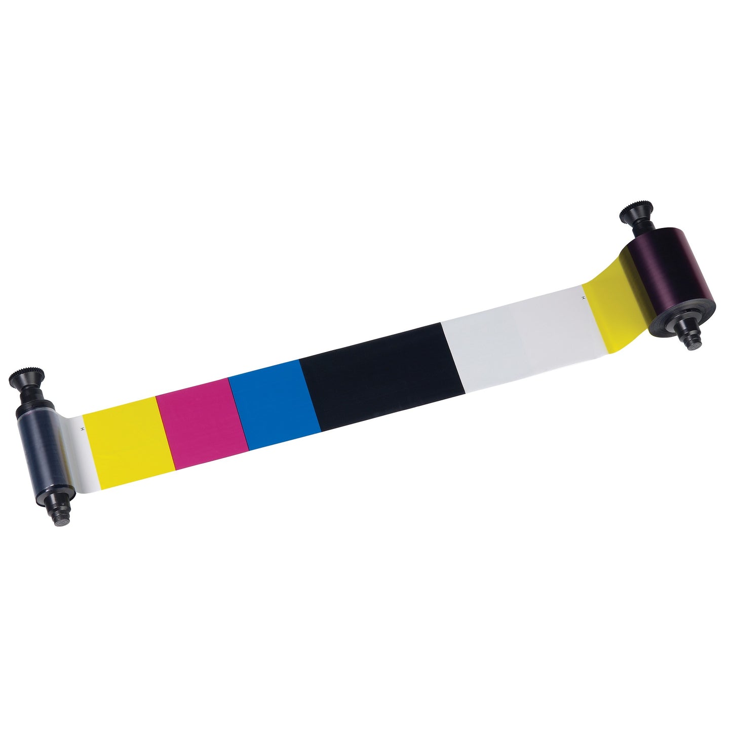 Evolis R3013 HighTrust 1/2 YMCKO Color Ribbon unrolled, showing half-panel color and full-width black and overlay panels. 400 prints for Quantum 2 and Securion. Sold by Specialist ID.