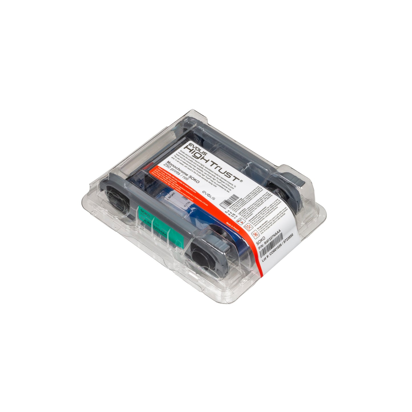 An Evolis R4F227NAAA HighTrust SO-KO Silver and Black Ribbon for the Primacy 2 ID Card Printer (250 prints), plastic-wrapped with labels and colored parts, shown on a white background.