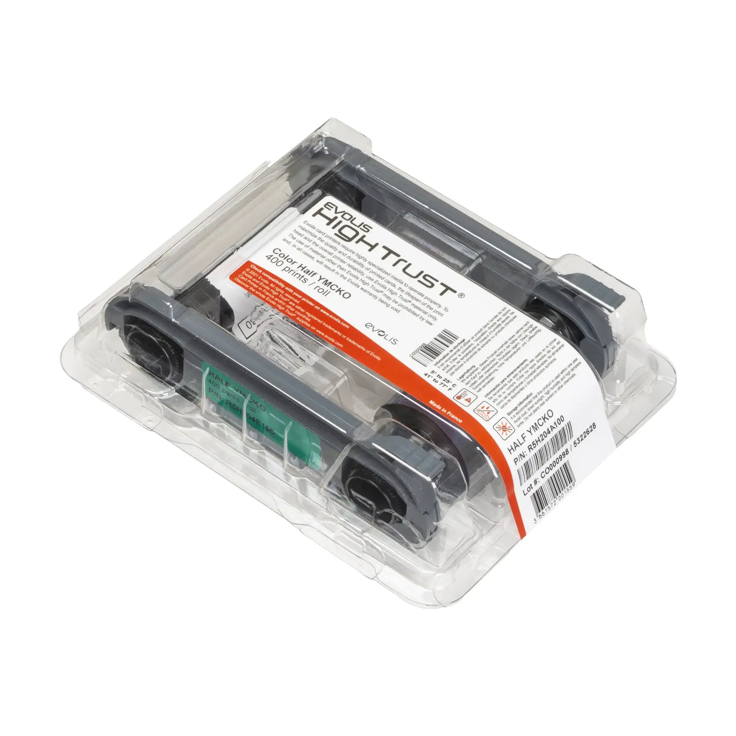The Evolis R5H204A100 is a half-panel YMCKO color ribbon for Zenius 2 and Primacy 2 card printers, shown plastic-wrapped on a white background.