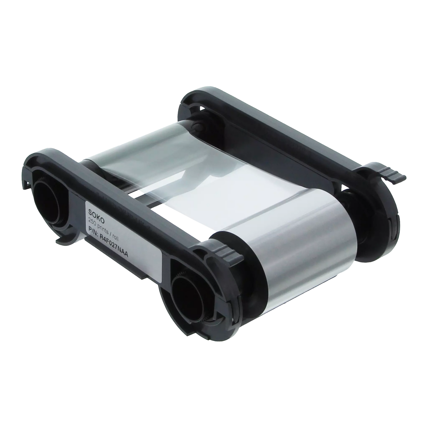 The Evolis R4F027NAA SO-KO Silver and Black Ribbon is a black and silver cartridge designed for ID card printers, ideal for dual-sided printing. The label indicates it supports 250 prints.