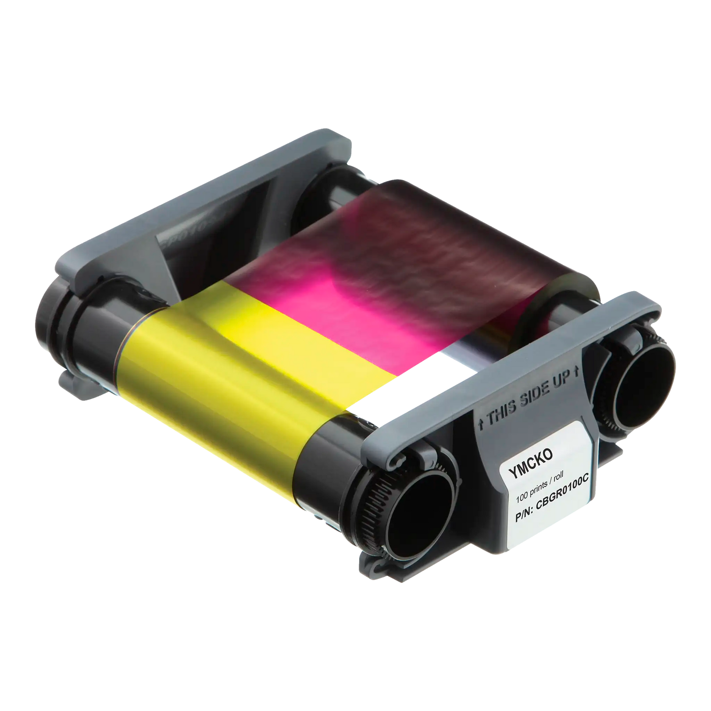 The Evolis CBGR0100C YMCKO Color Ribbon - 100 Prints, for Badgy100 & Badgy200 ID Card Printers features yellow, magenta, cyan, black, and overlay panels. It is partially unwound with gray plastic spools and labeled with part number CBGR0100C.