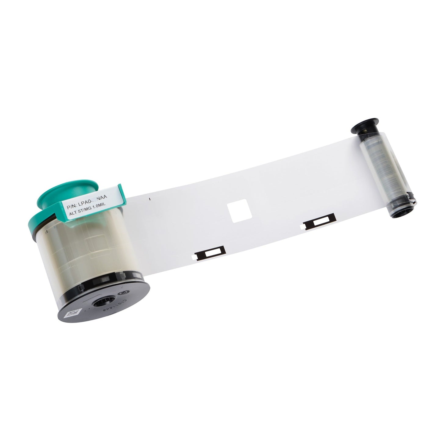 The Evolis LPA074NAA HighTrust Alternate Clear Patch 1.0 mil cartridge for Avansia and Agilia CLM holds a clear laminate film roll (600 prints), featuring a window and alignment marks for easy installation.