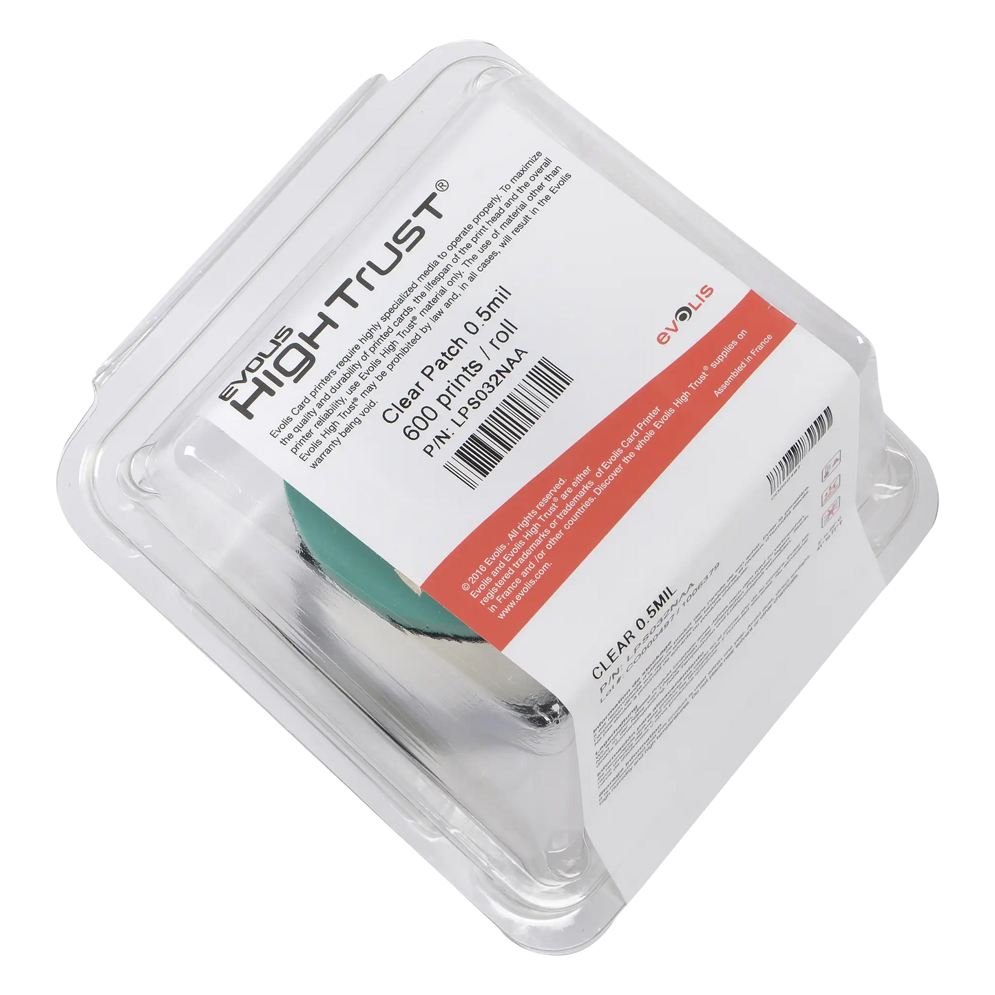 A plastic packaging containing Evolis LPS032NAA Clear Patch Laminate 0.5 mil, designed for 600 prints per roll, perfect for use with Primacy2 and Avansia Lamination ID Card Printers.
