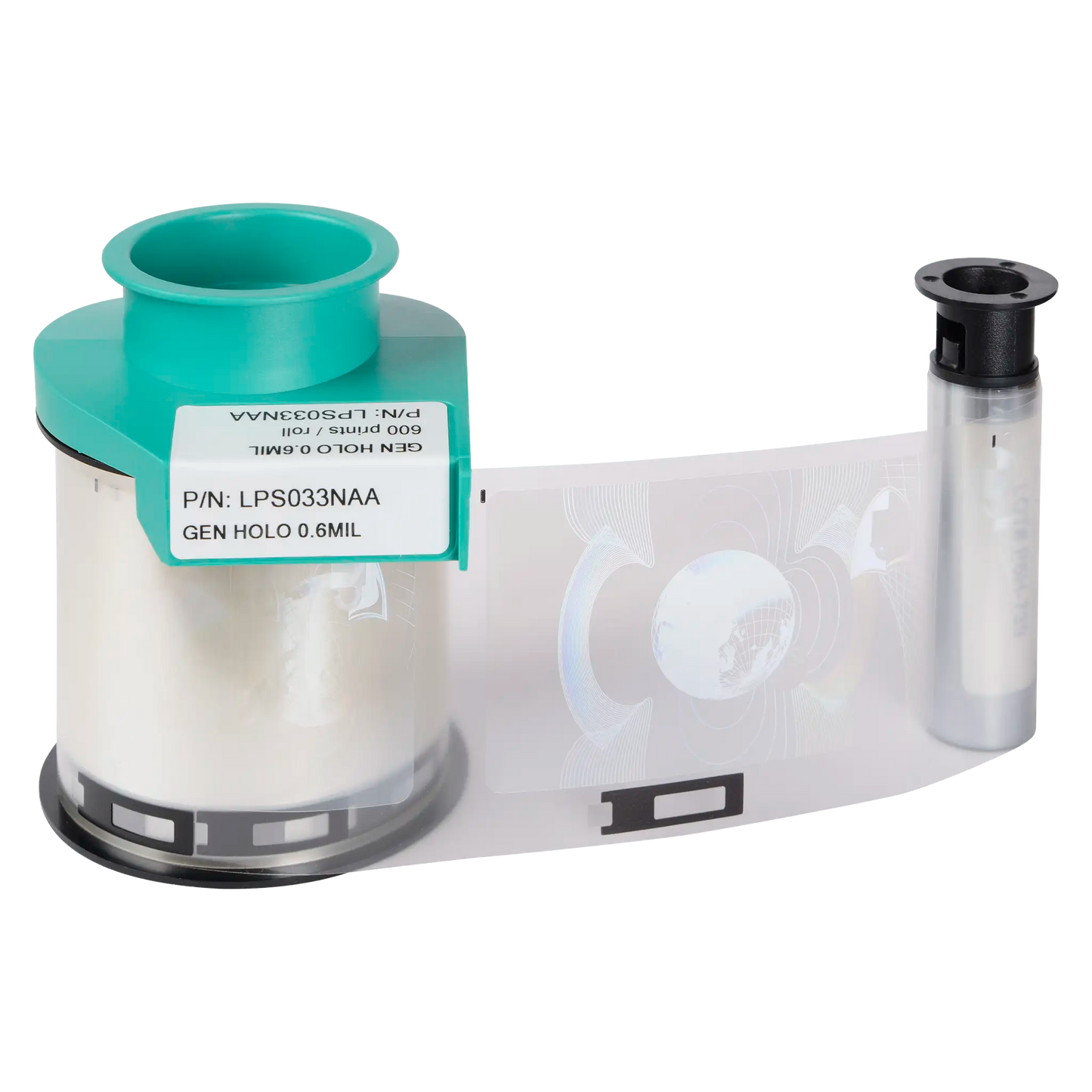 A roll of security holographic film in a green plastic holder, marked "GEN HOLO 0.6MIL," sits alongside a small cylindrical container, perfect for use with Evolis LPS033NAA Generic Holo Patch Laminate - 600 Prints, compatible with Primacy2 and Avansia lamination for your ID card printer.