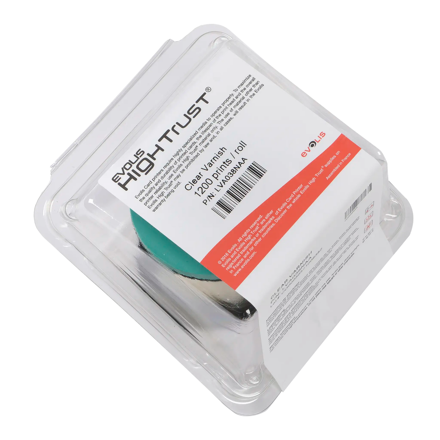 Evolis LVA038NAA Clear Varnish Ribbon in sealed packaging, designed to provide a protective layer for ID cards. This ribbon, labeled with product details, is perfect for use with Primacy2 and Avansia Lamination ID card printers.
