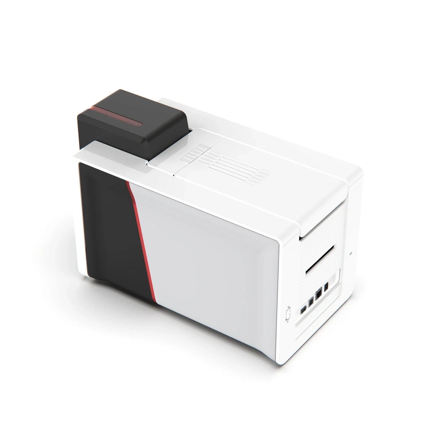 Evolis Primacy 2 ID card printer side view with card output. Sold by Specialist ID.