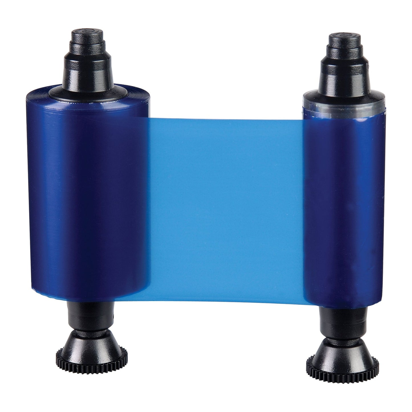 The Evolis R2012 HighTrust Blue Monochrome Ribbon, compatible with Quantum 2 and Securion printers, delivers up to 1000 prints per roll and features both transparent and solid blue sections.