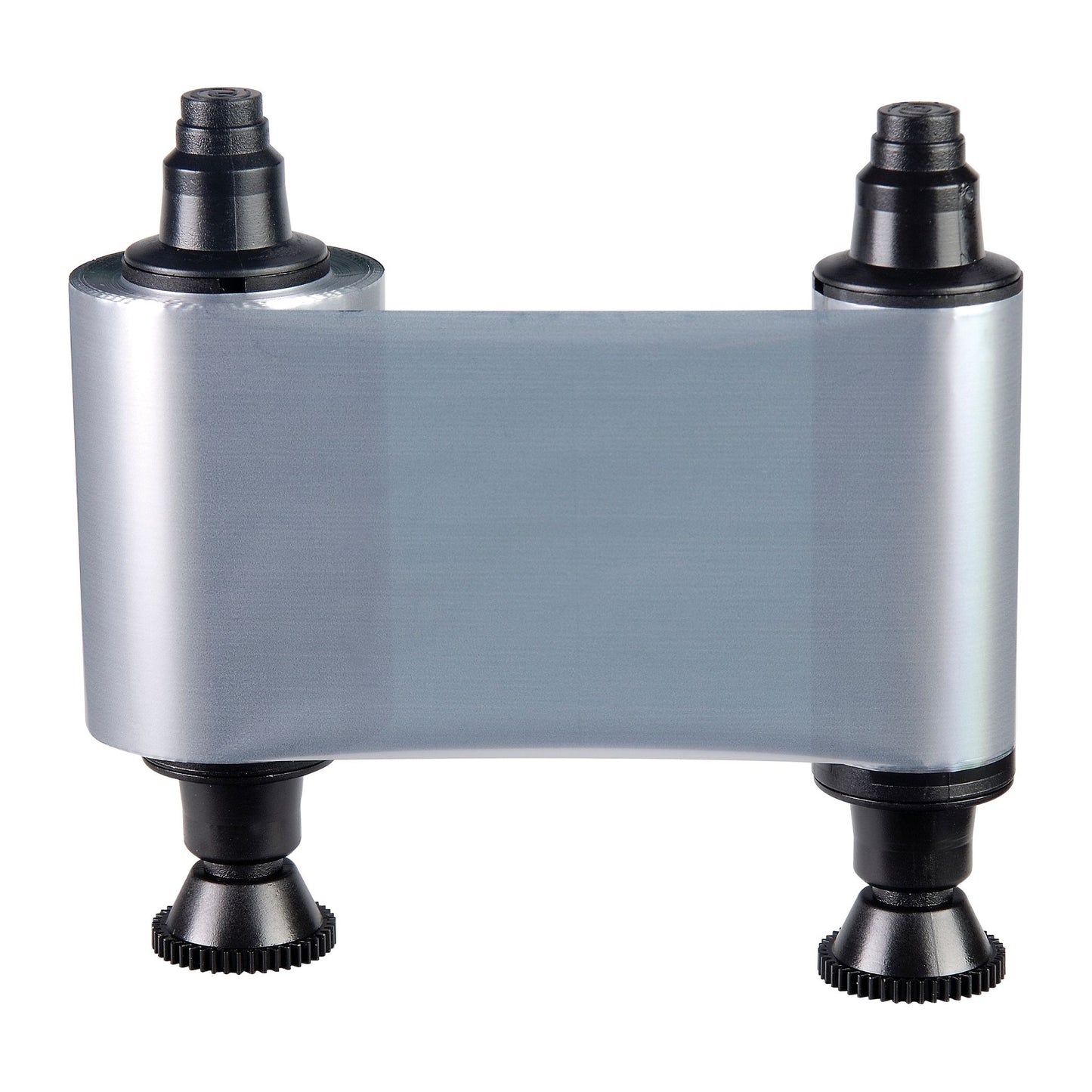 The Evolis R2017 HighTrust Metallic Silver Monochrome Ribbon for Quantum 2 and Securion (1000 prints) is shown with two black spools against a white background.