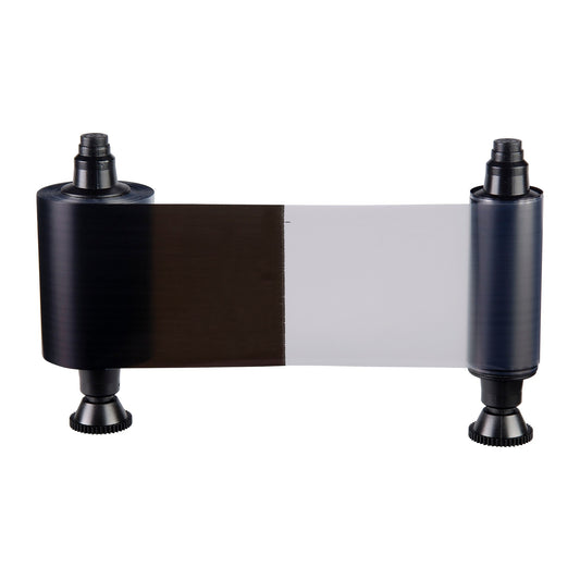 The Evolis R3012 HighTrust KO Black Ribbon, for Quantum 2 and Securion printers, features black and clear sections on two black spools and yields up to 500 prints for card or label applications.