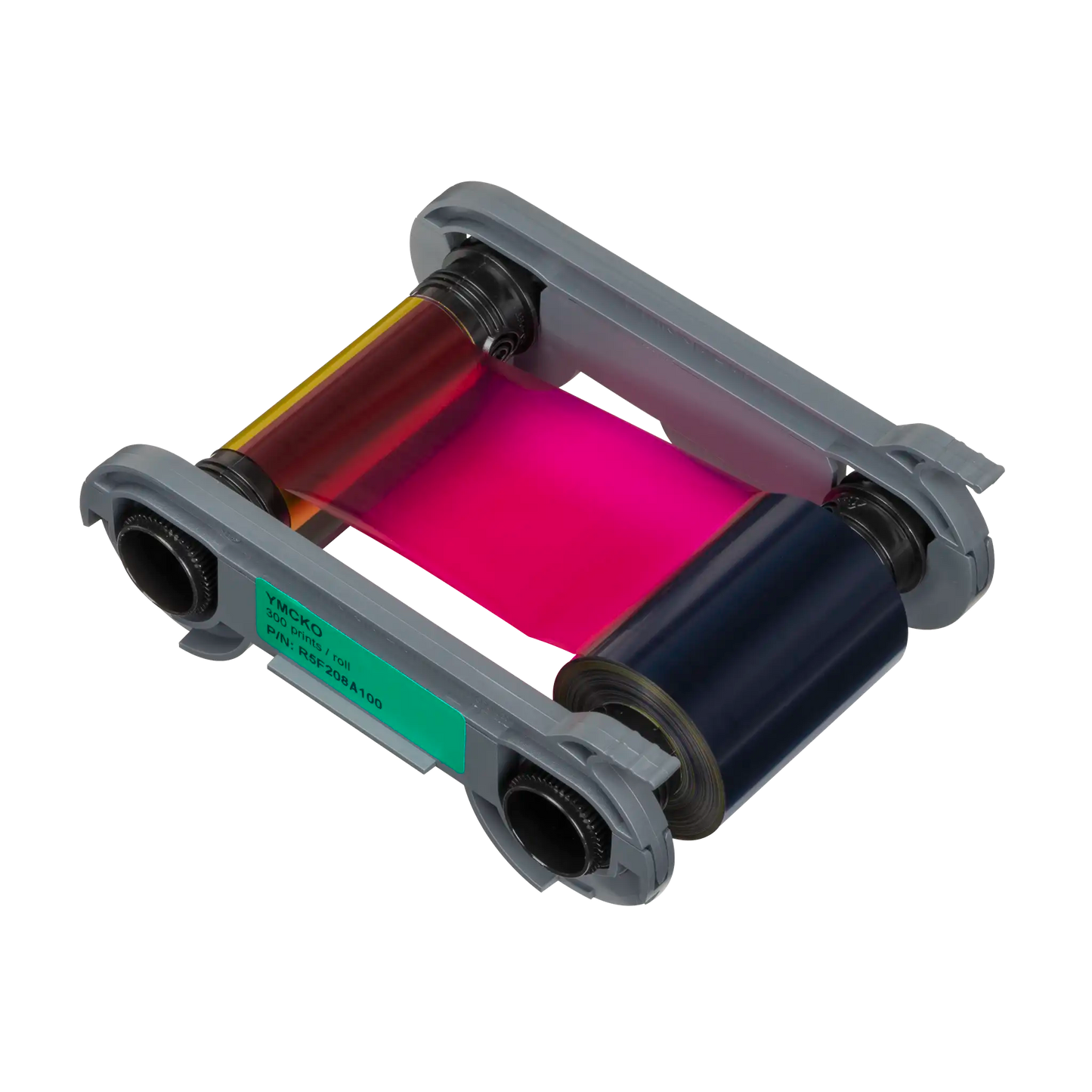 Image of an Evolis R5F208A100 YMCKO Color Ribbon for Primacy 2 Card Printer - 300 Prints per cartridge, designed for the Primacy 2 ID card printer. It features cyan, magenta, yellow, black, and overlay panels for high-quality prints on full-color identification cards. Sold by Specialist ID, an authorized Evolis dealer.