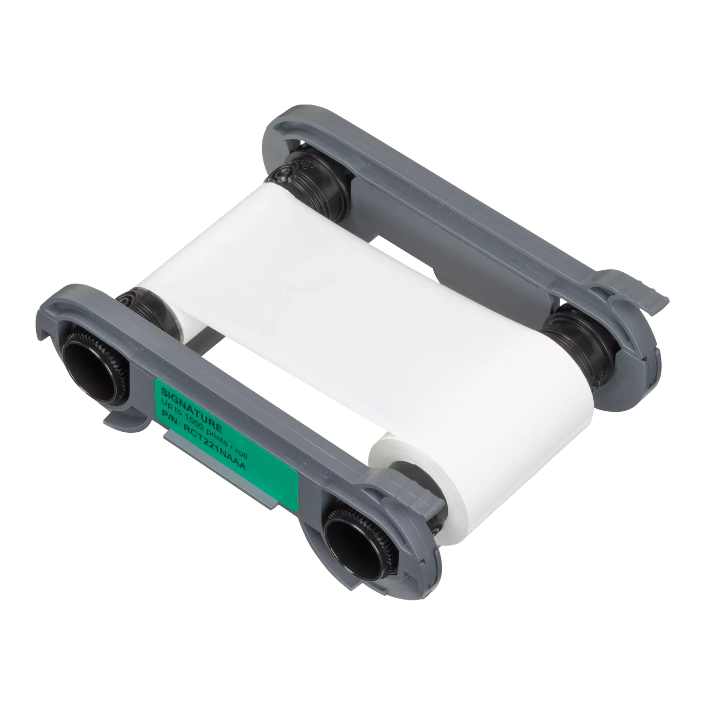 Front view of Evolis RCT221NAAA White Signature Ribbon with visible part number and label. Photographed and sold by Specialist ID, an authorized Evolis dealer.