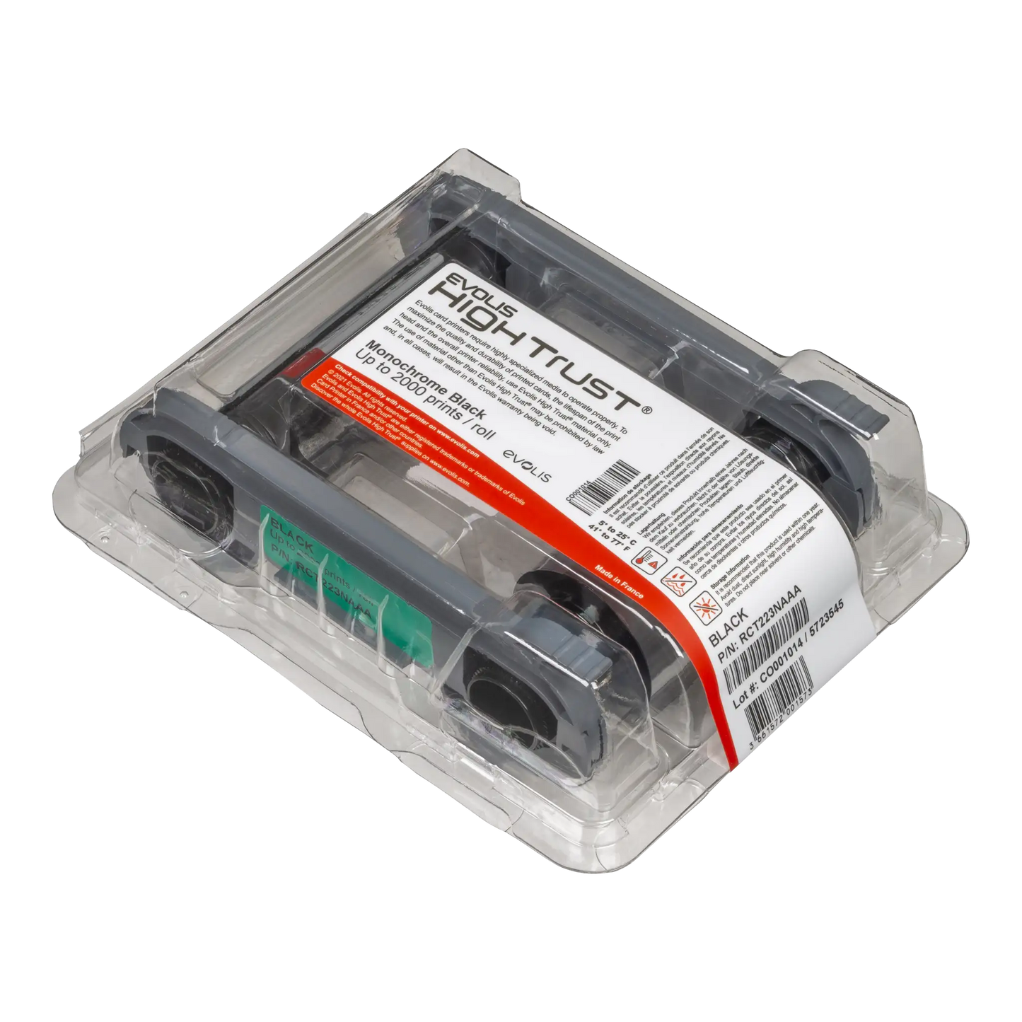 Image of an Evolis R5F008AAA YMCKO color ribbon cartridge for the Primacy2 ID card printer. The packaging is clear plastic with a red label displaying product information, similar to the packaging of the Evolis RCT223NAAA Black Monochrome Ribbon - 2000 Prints, Compatible with Primacy2 ID Card Printer. Sold by Specialist ID, an authorized Evolis dealer.