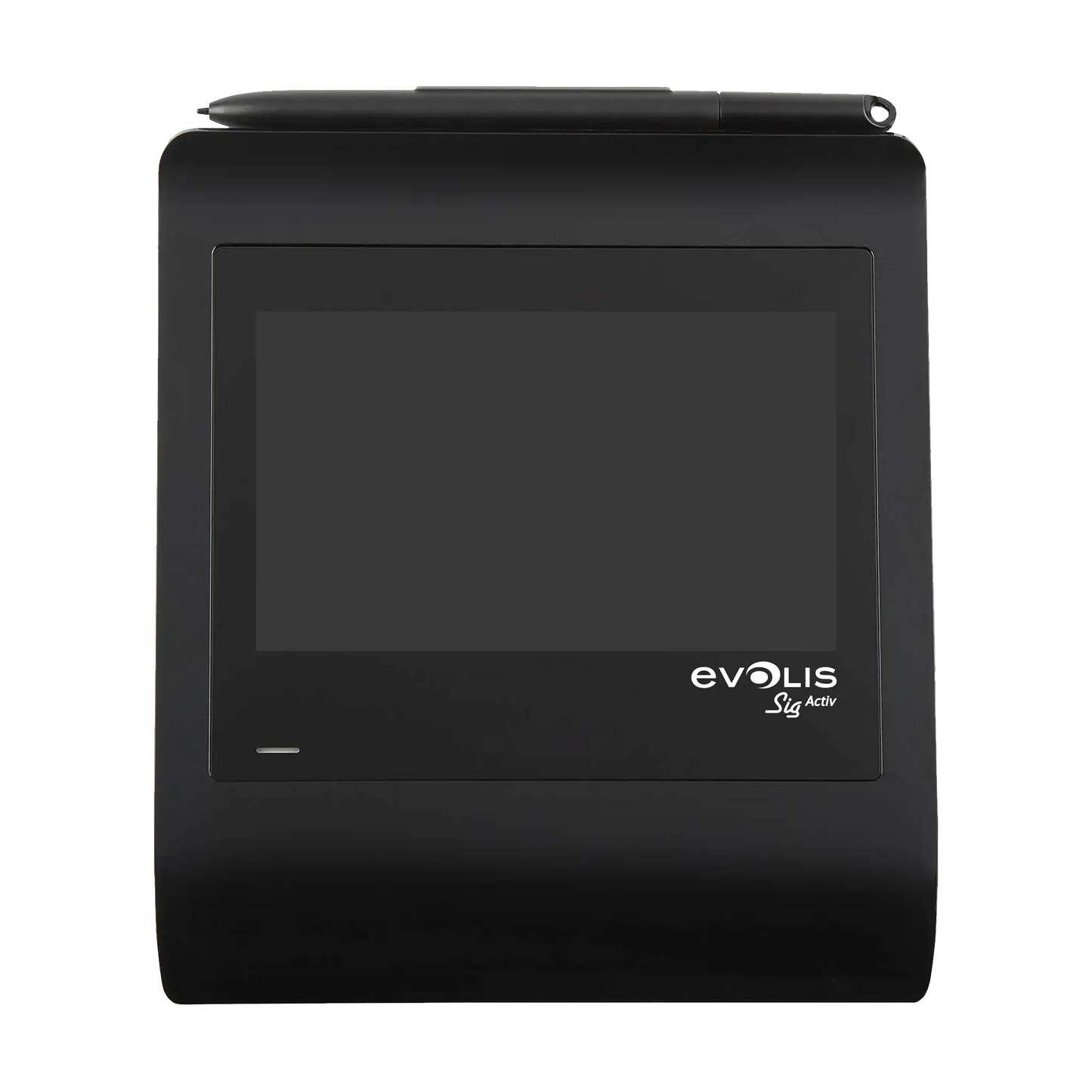 A black Evolis Sig Activ Color ERT Signature Pad ST-GERT-3-UEVL with a stylus, featuring a rectangular screen and secure signature capture through Electromagnetic Resonance Technology.