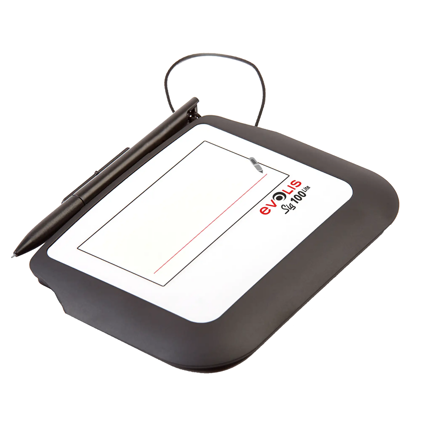 A black Evolis Sig100 Lite Signature Capture Pad ST-LTE105-2-UEVL with a stylus attached by a cable, featuring a white screen area for signing and precise signature capture.