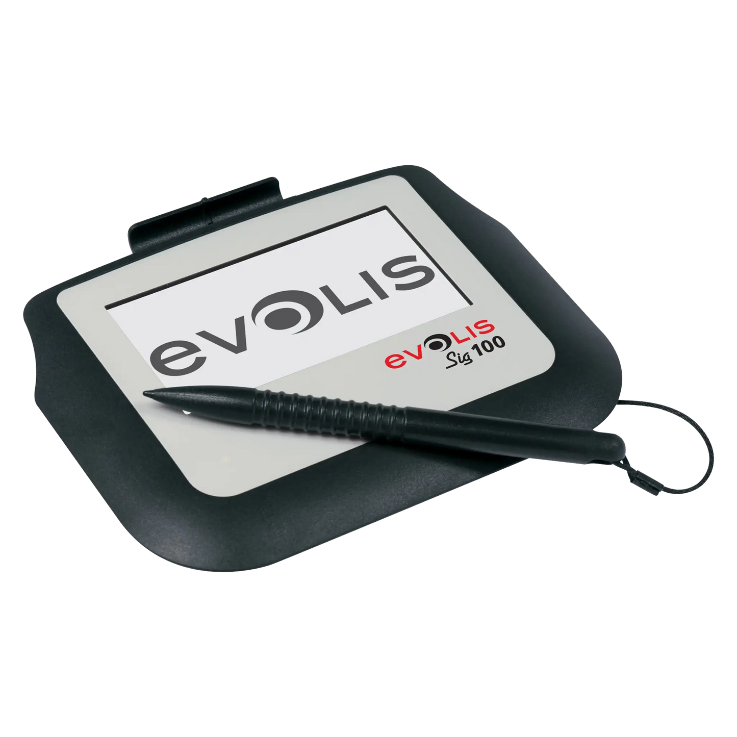 A **Evolis Sig100 Signature Capture Pad** with the Evolis logo and model name (Sig 100) displayed on the screen. The pad includes a stylus attached with a cord, ideal for secure PDF signatures.