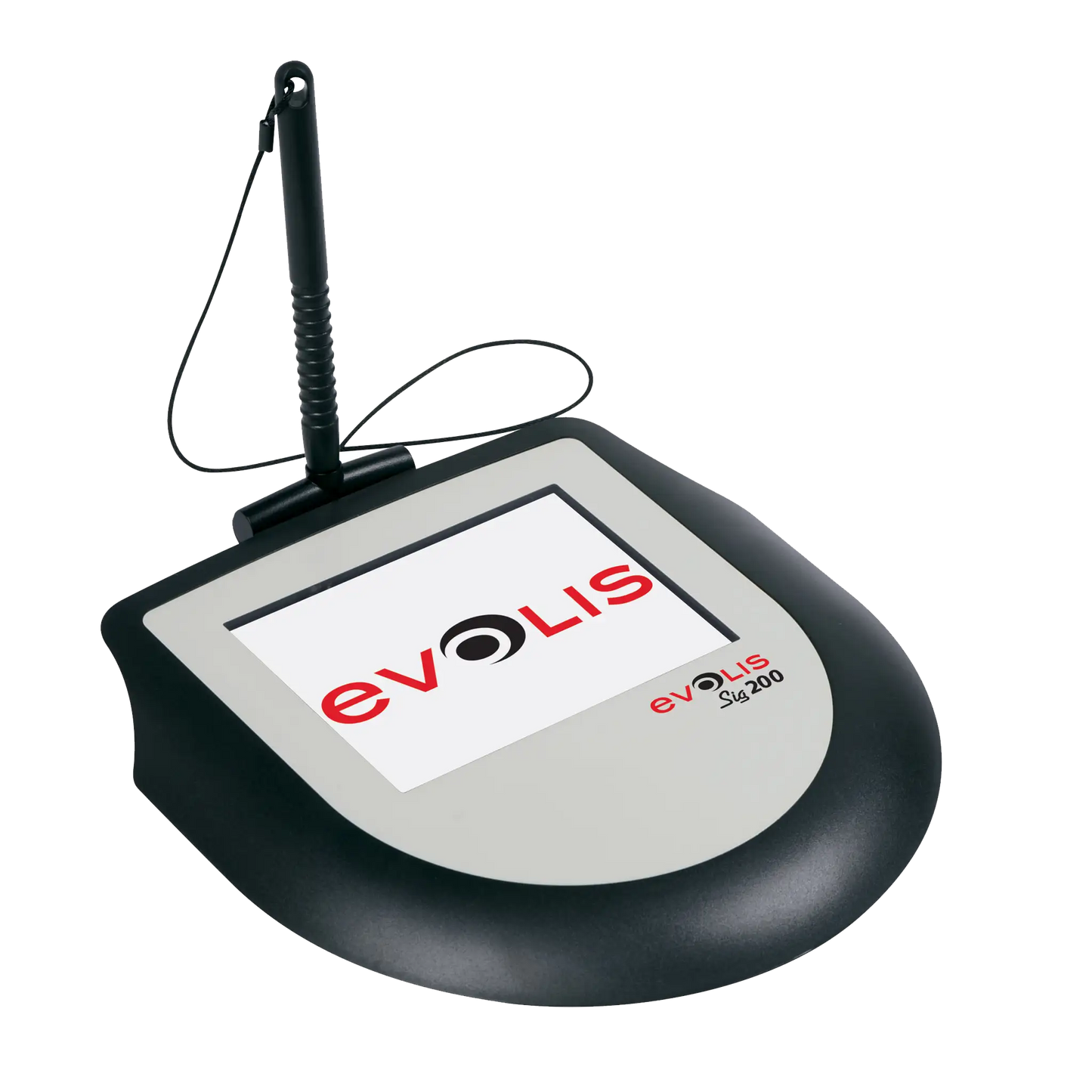This image shows an Evolis Sig200 Signature Capture Pad ST-CE1075-2-UEVL, an ergonomic signature solution featuring an attached stylus and a screen displaying the Evolis logo.