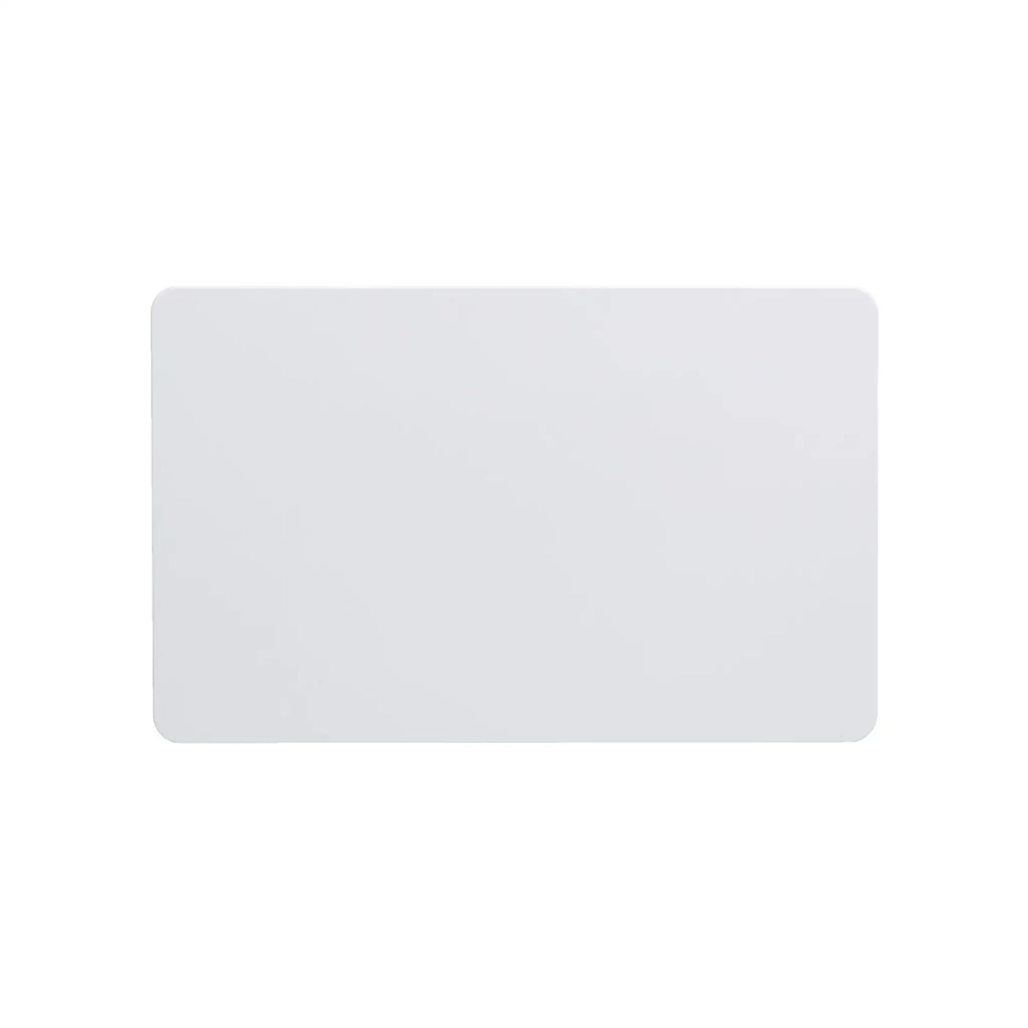 A HID FARGO 82136 UltraCard Premium Composite Card, featuring a blank white rectangular design with rounded corners and made from composite polyester, rests on a pristine white background. This card is ideal for use with direct-to-card and retransfer card printers.