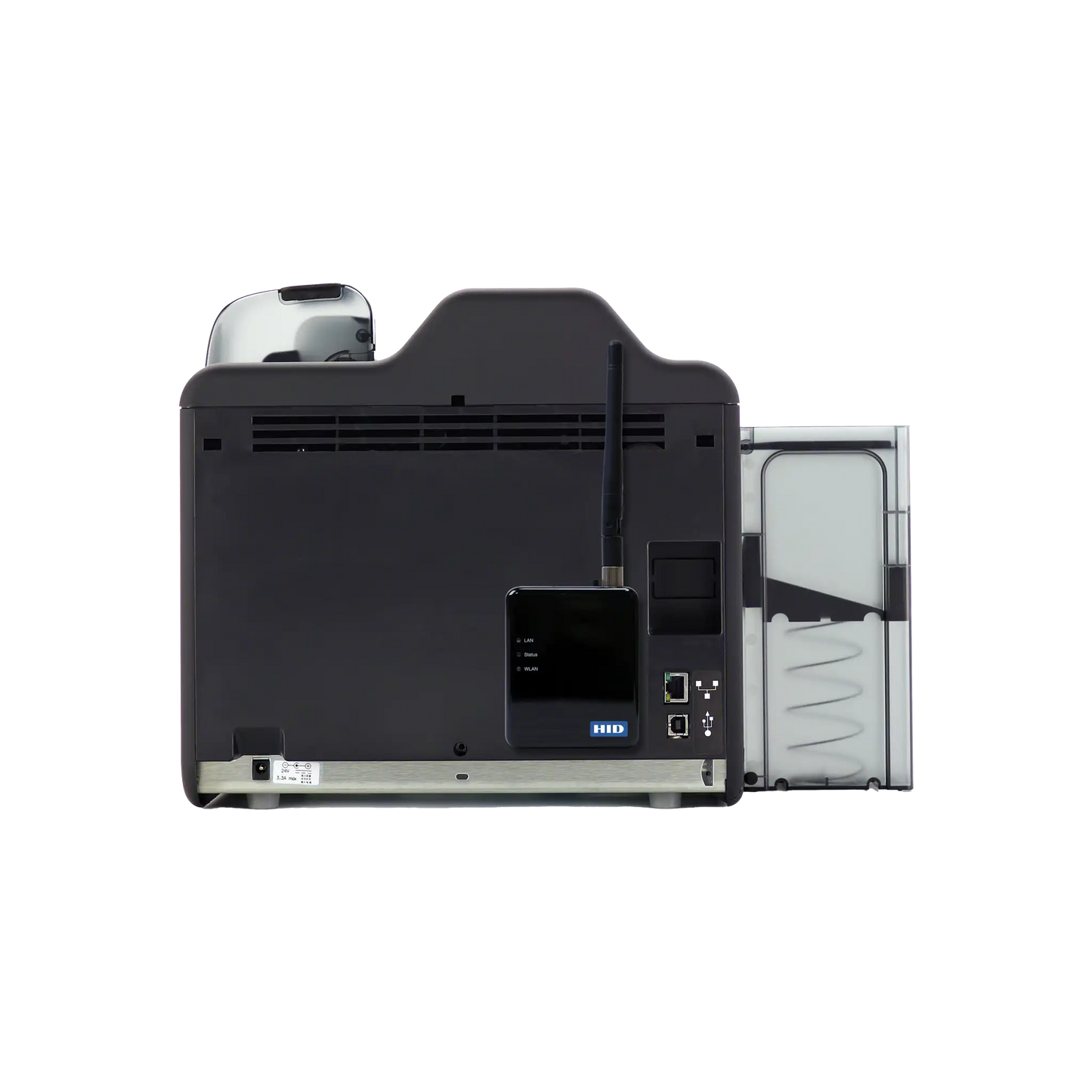 Back view of a FARGO HDP5000 ID Card Printer - Single Sided, showing ports, antenna, and a card cartridge.