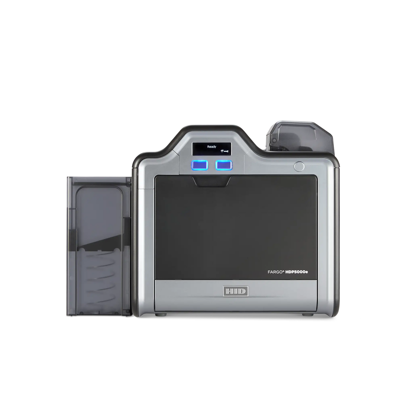 An HDP5000e ID Card Printer featuring a sleek black and silver design.