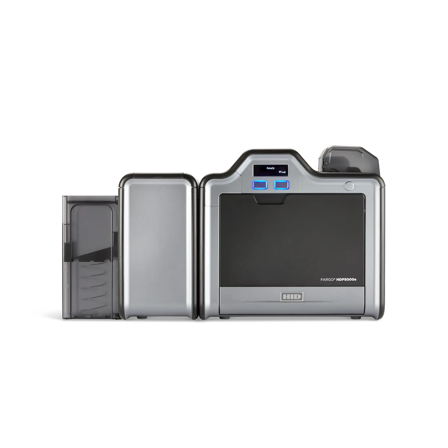 The HID FARGO HDP5000e Dual Sided ID Card Printer offers a sleek, modern design with a metallic finish, featuring LED indicators and a compact, rectangular profile.