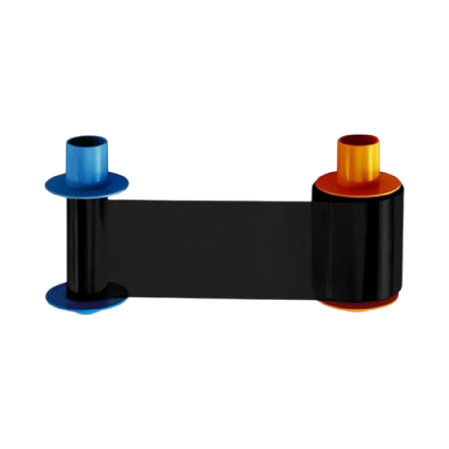 The HID FARGO 45201 Monochrome Ribbon, compatible with DTC4500 and DTC4500e ID card printers and yielding up to 3,000 prints, features blue and orange end caps and is unwound between two spools on a white background.