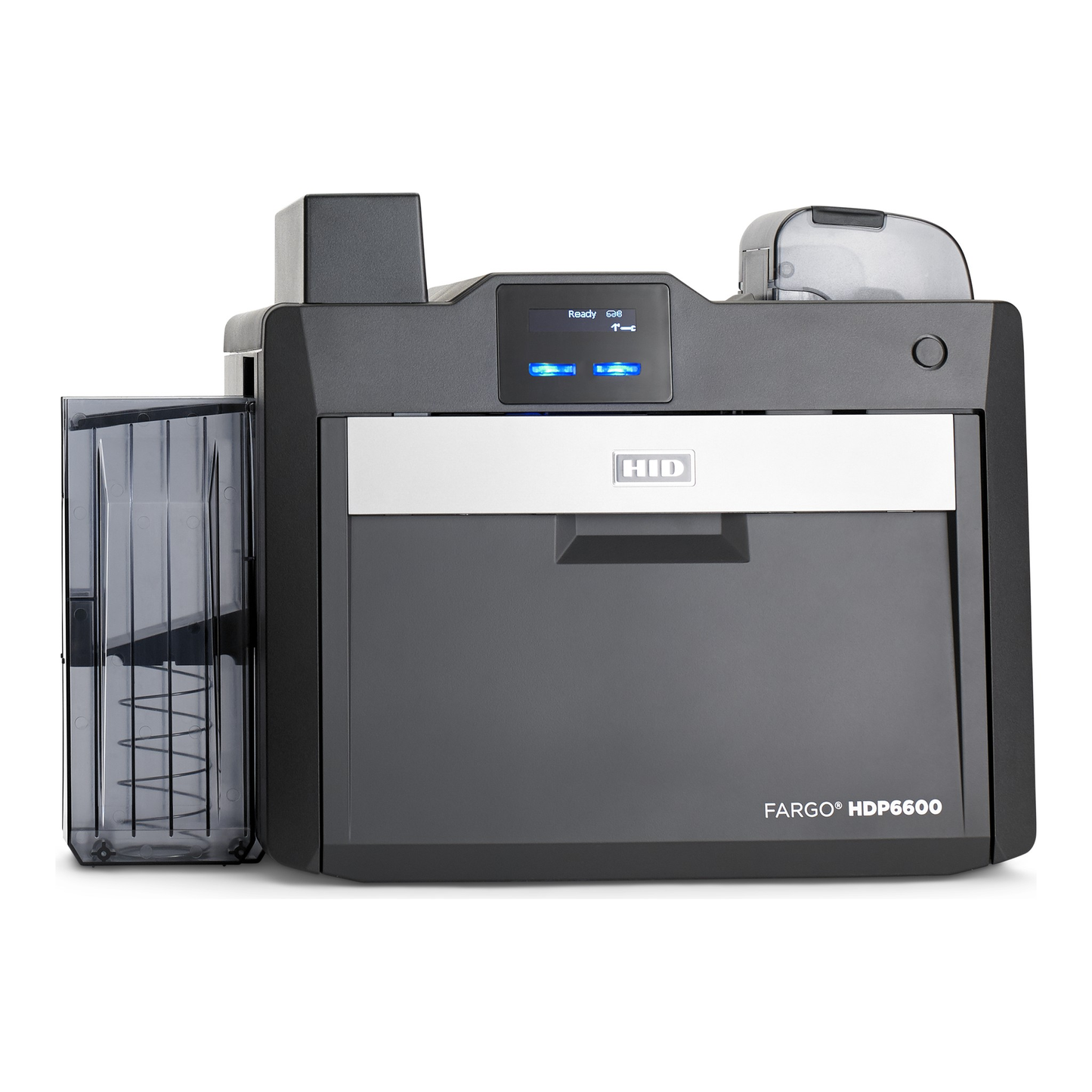 Front view of the HID FARGO HDP6600 single-sided retransfer ID card printer with card flattener module. Sold by Specialist ID, an authorized HID FARGO dealer.