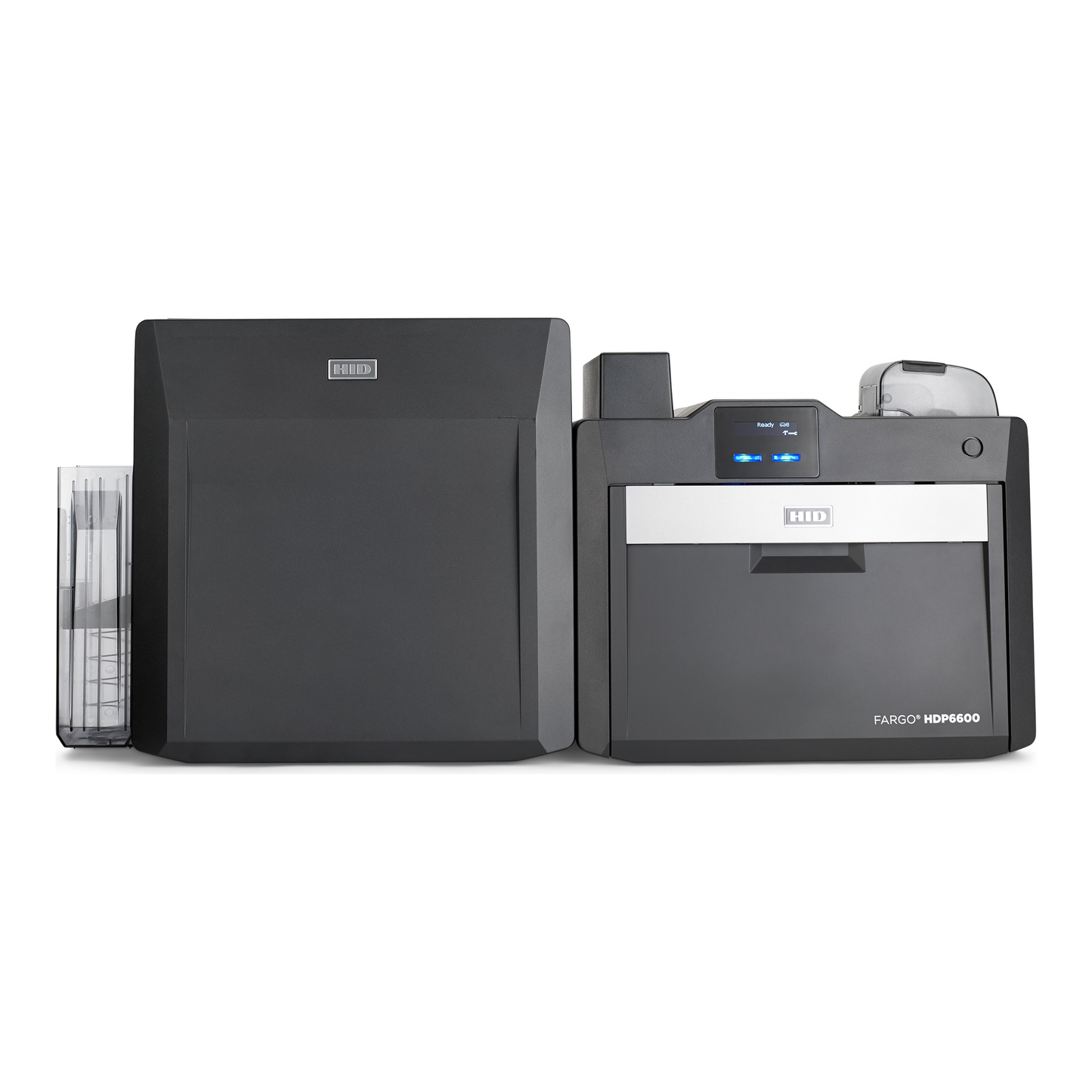 Front view of the HID FARGO HDP6600 single-sided retransfer ID card printer with card flattener and LMX lamination module. Sold by Specialist ID, an authorized HID FARGO dealer.