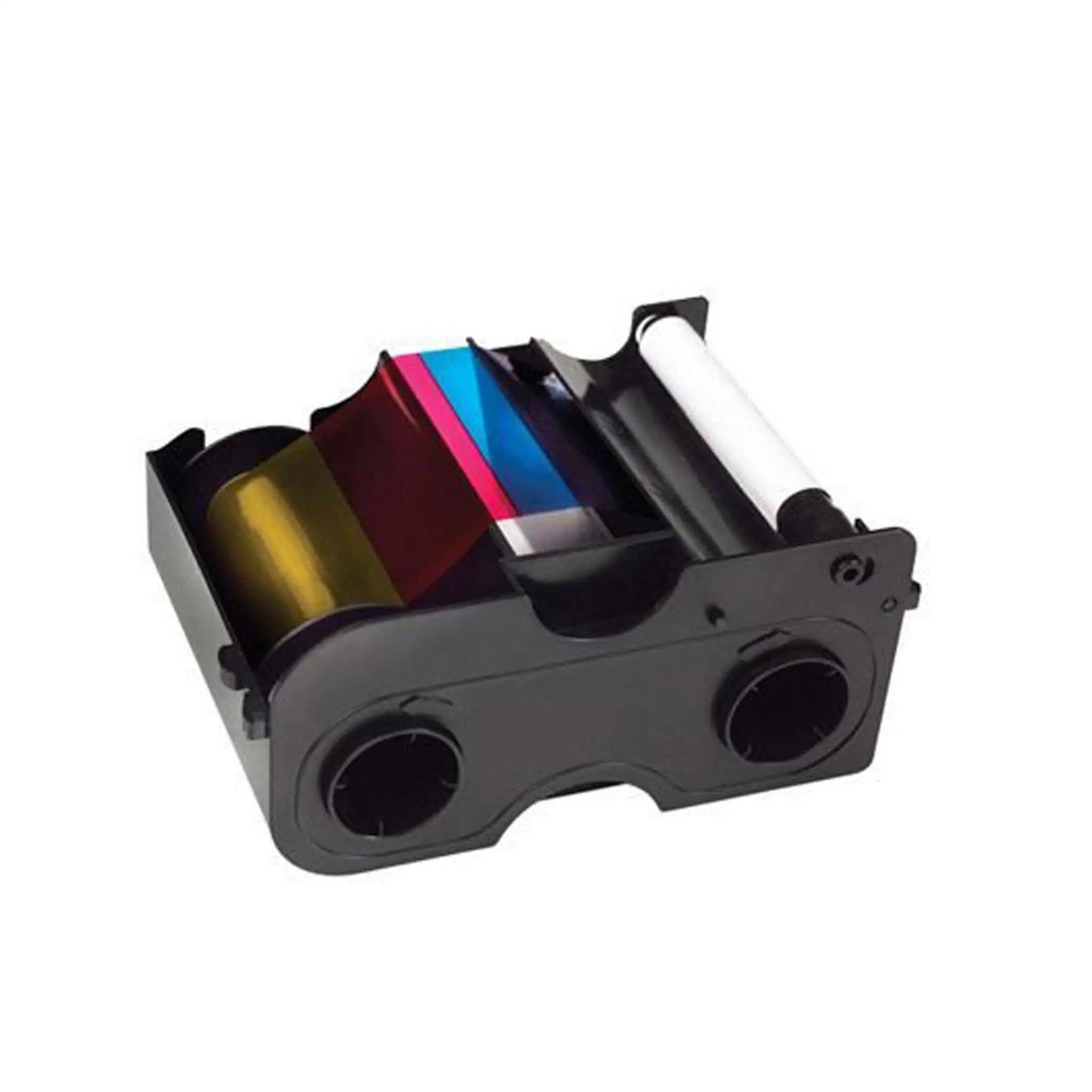 HID Fargo 45110 YMCKOK Color Ribbon (200 Prints) in a black plastic cartridge, featuring segments of yellow, magenta, cyan, black panels and a second black (K) panel for dual-sided printing tasks in ID card printers compatible with DTC4000 & DTC4250e.