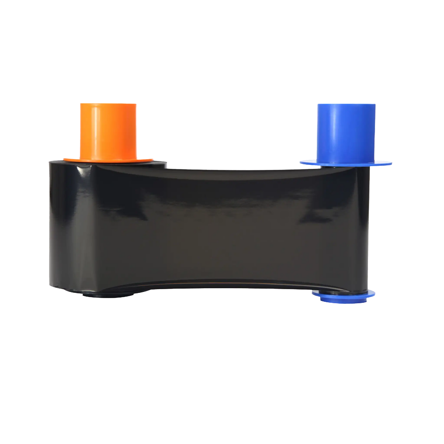 The HID Fargo 45202 Standard Black Monochrome Ribbon, designed for DTC4500 and DTC4500e card printers, includes a black ribbon with an orange spool on the left and a blue spool on the right, isolated against a white background.