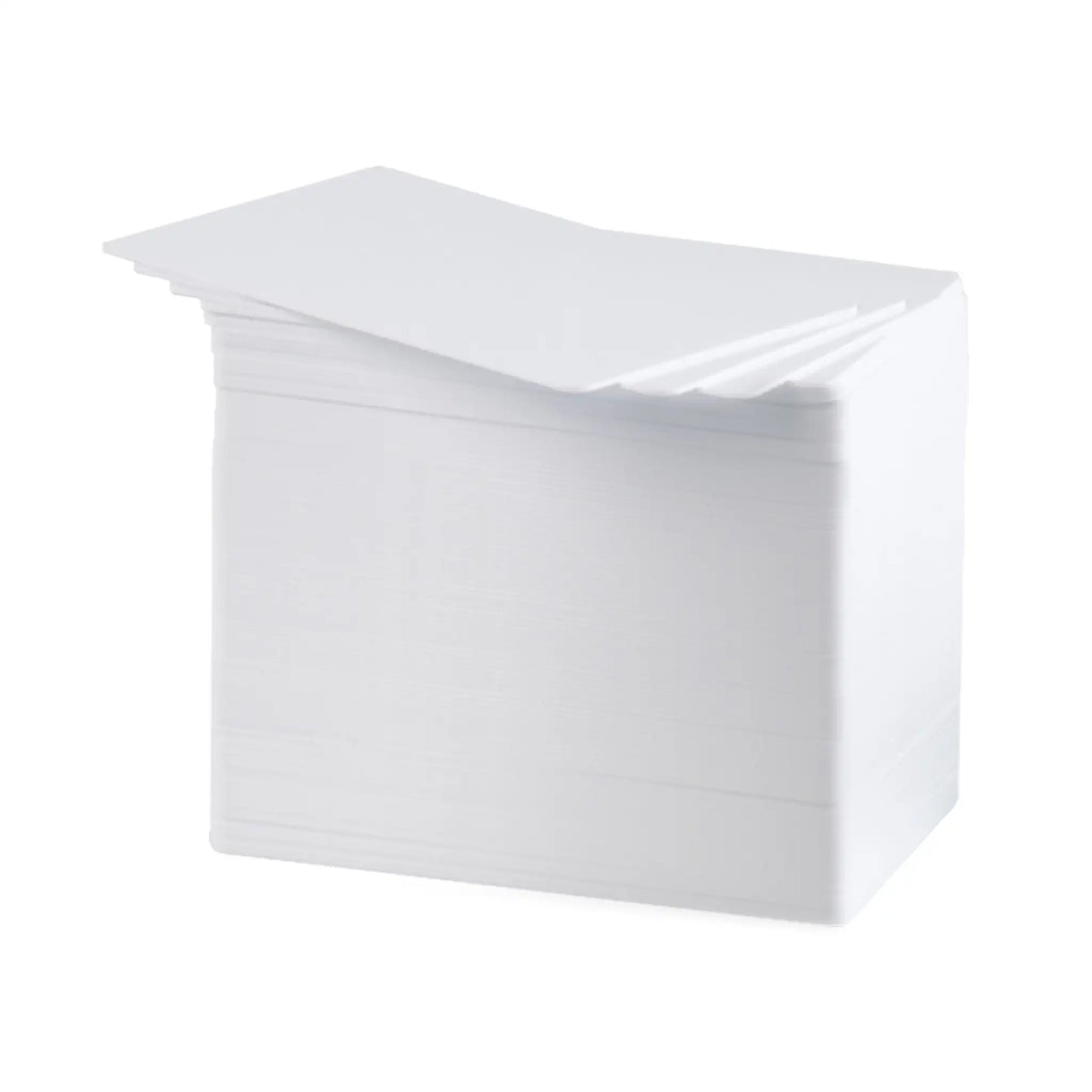Fanned stack of HID FARGO 81758 blank white 10 mil PVC cards, CR-80
